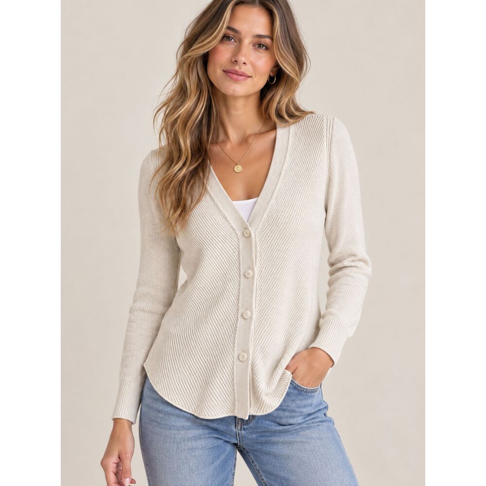 Cabi 3161 M Cream Ribbed Cardigan Sweater Button Front Quiet Luxury Coastal